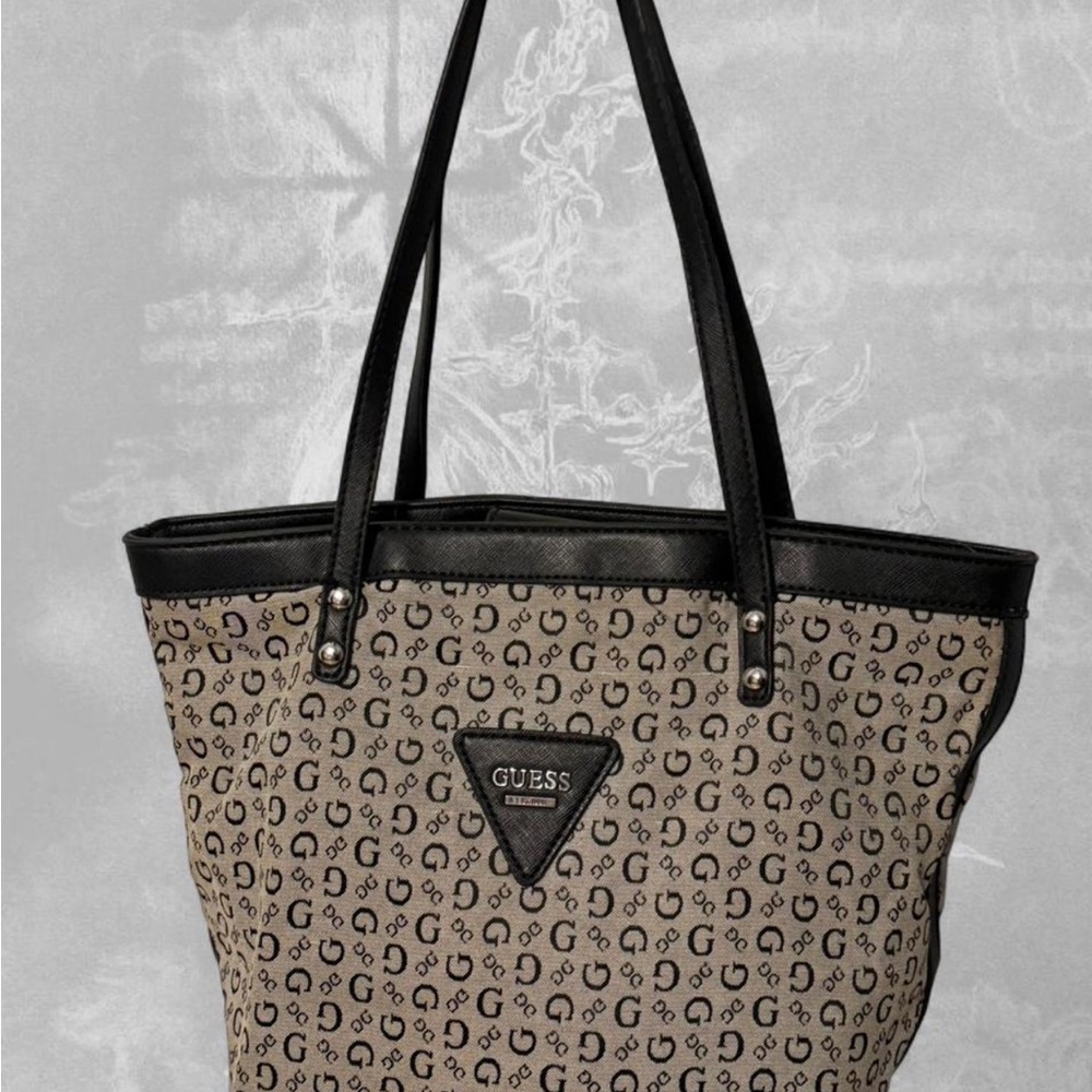 GUESS Beige Logo-Print Tote with Black Trim